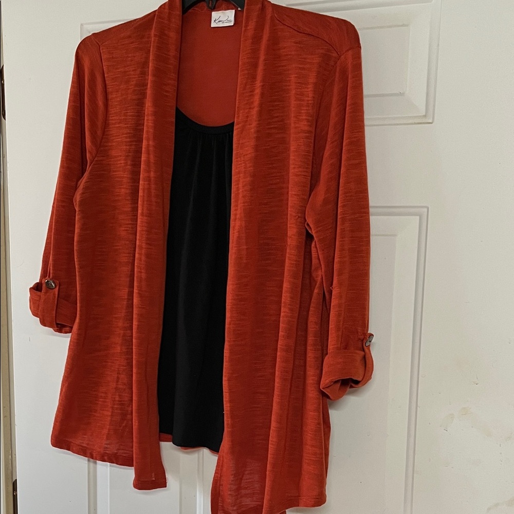 Kim Rogers Vibrant Orange Open-Front Cardigan with attached black scoop neck top